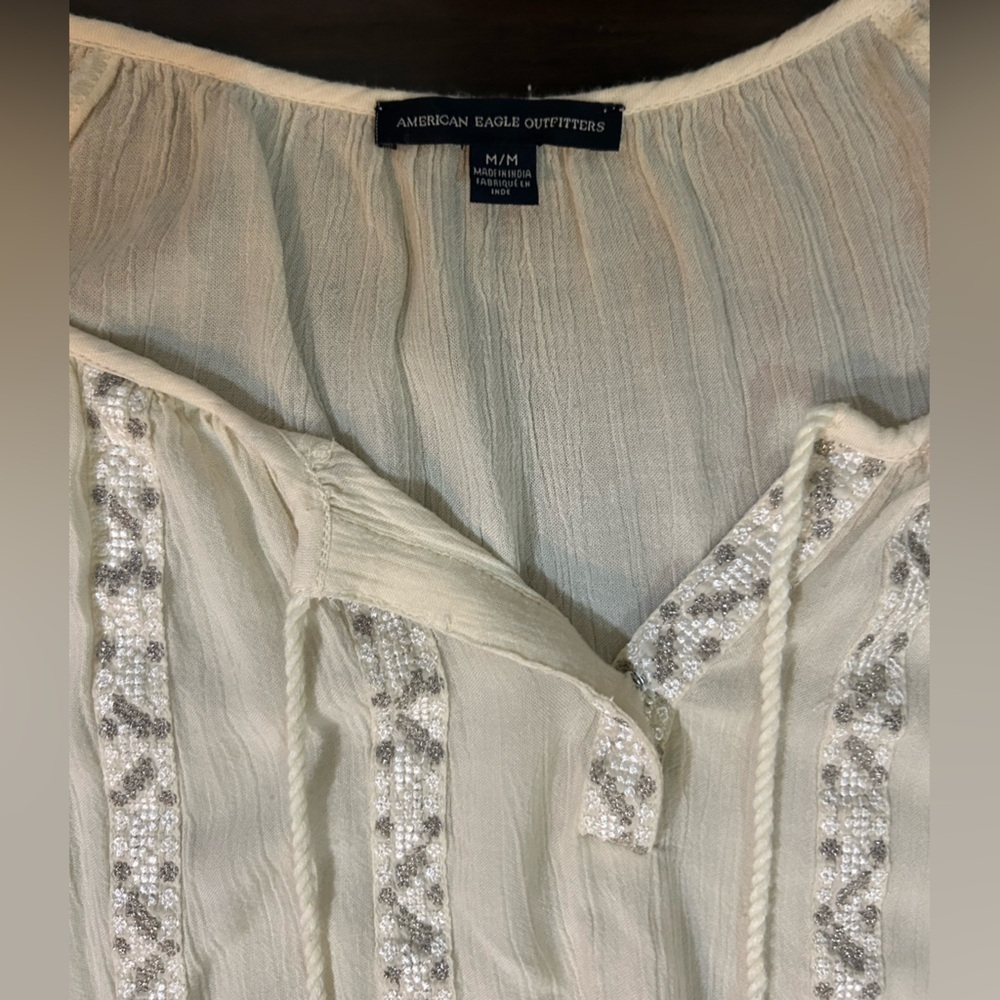 American Eagle Cream Long Puff Sleeve Blouse with Lace & Bead Detail M - Picture 3 of 3